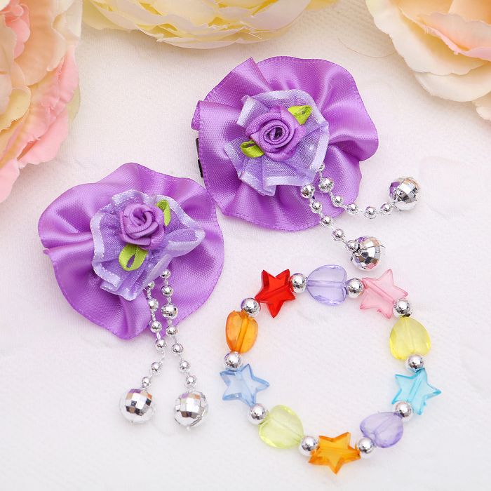 Набор детский "Выбражулька" 3 предмета: 2 заколки, браслет, розочки с подвесками, разноцветный