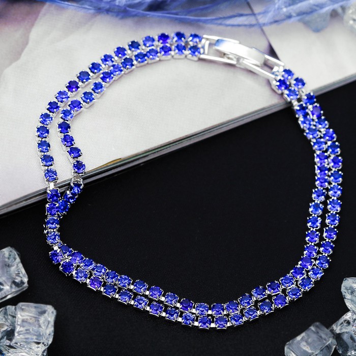 Браслет со стразами "Лёд" элегантность, 2 ряда, цвет синий в серебре