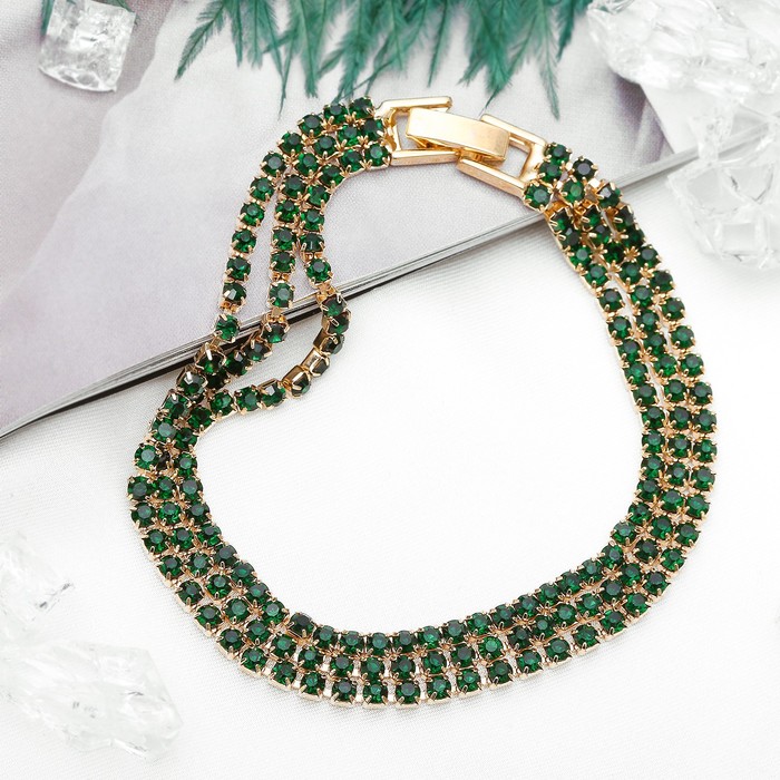 Браслет со стразами "Лёд" элегантность, 3 ряда, цвет зелёный в золоте