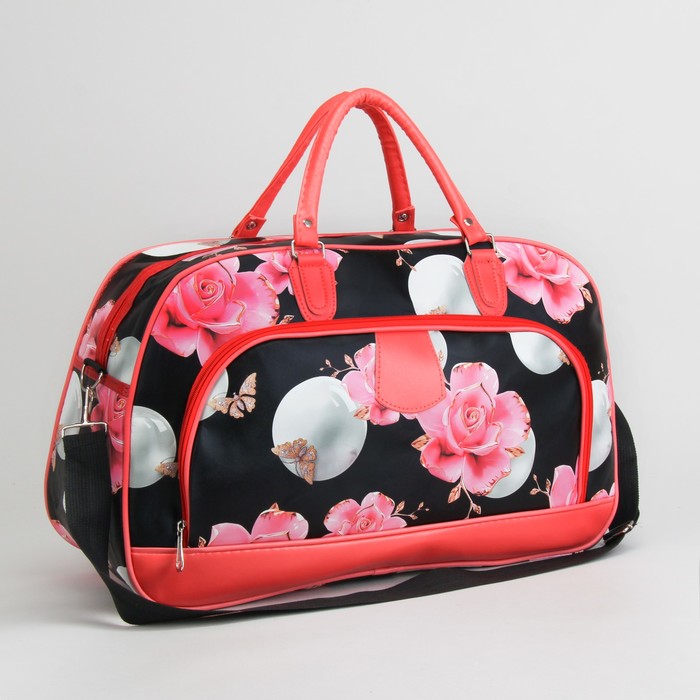 Сумка дорожная «Цветочный сад», отдел на молнии, наружный карман, цвет чёрный/красный