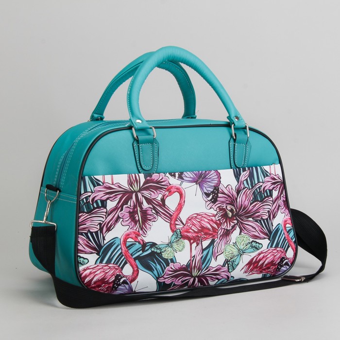 Сумка дорожная «Фламинго», отдел на молнии, наружный карман, цвет бирюзовый/сиреневый