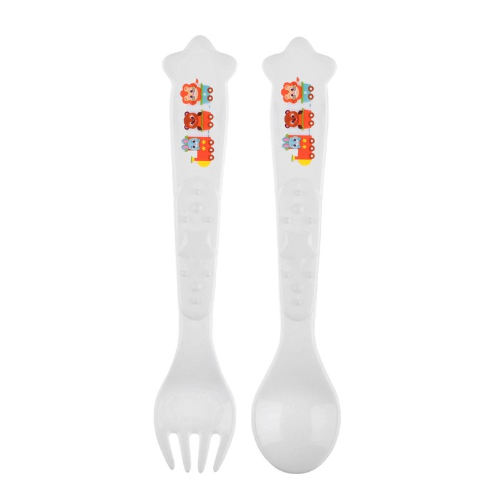 Набор столовых приборов «Весёлый паровозик», 2 предмета: ложка и вилка, от 5 мес., цвет белый