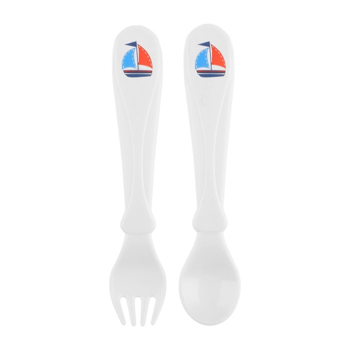 Набор столовых приборов «Кораблик», 2 предмета: ложка и вилка, от 5 мес., цвет белый