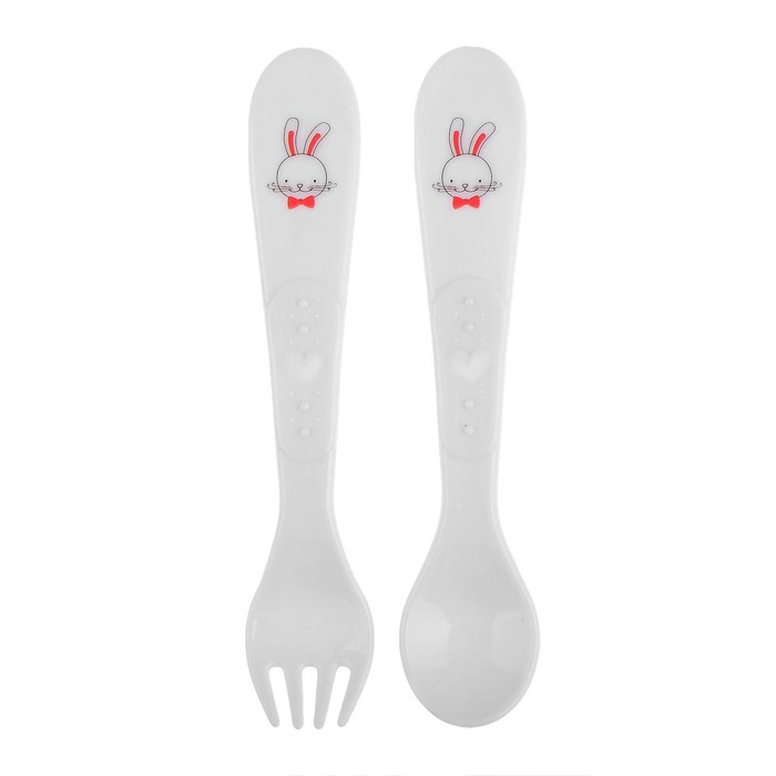 Набор столовых приборов «Зайка-супергерой», 2 предмета: ложка и вилка, от 5 мес., цвет белый