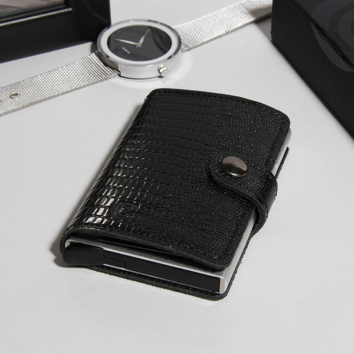 Портмоне, 2 отдела для купюр, защитный отдел для карт, чёрный варан
