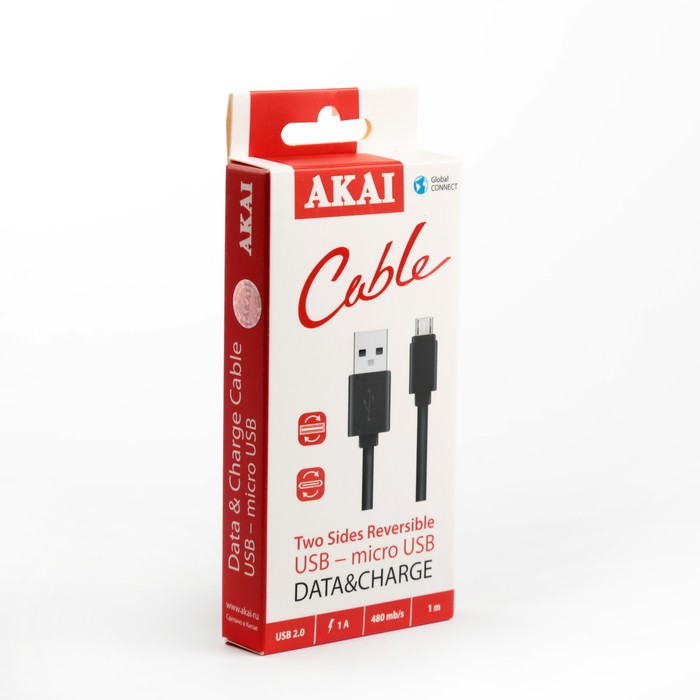 Провод для зарядки и передачи данных Akai,двусторонний USB 2.0-двусторонний microUSB, черный