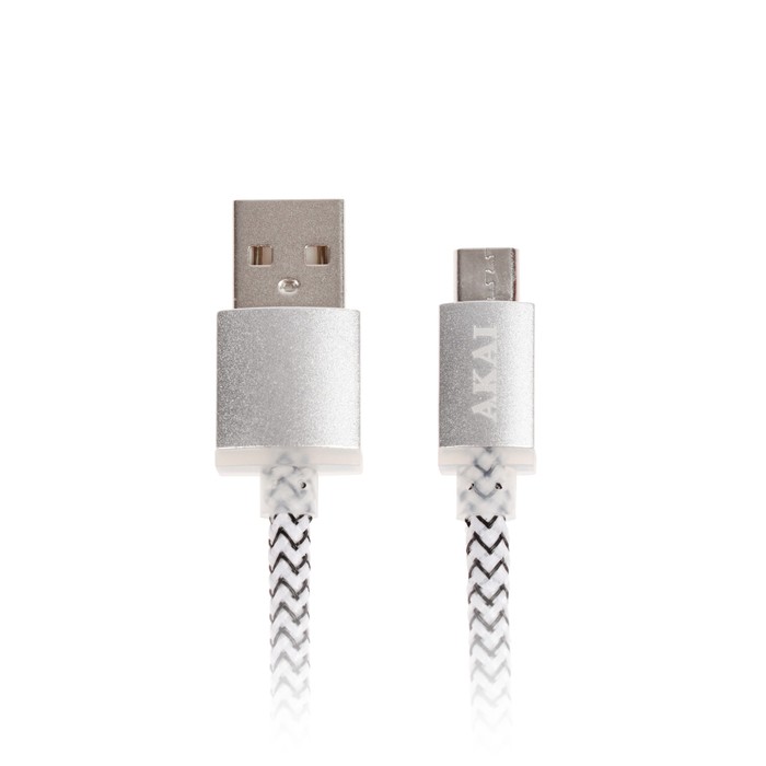 Провод для зарядки и передачи данных Akai, USB 2.0-micro USB, текст. оплетка, бело-черный