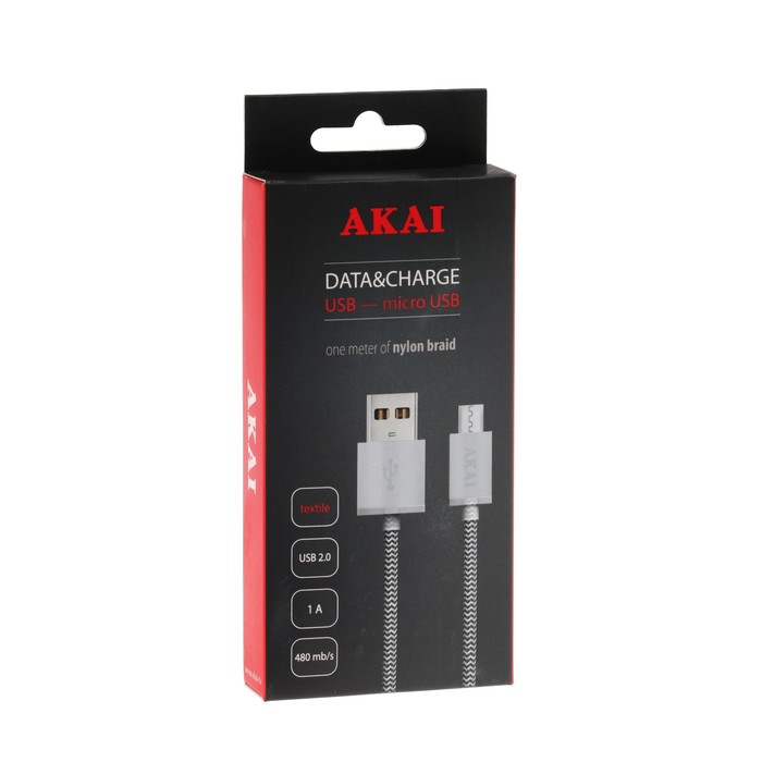 Провод для зарядки и передачи данных Akai, USB 2.0-micro USB, текст. оплетка, бело-черный