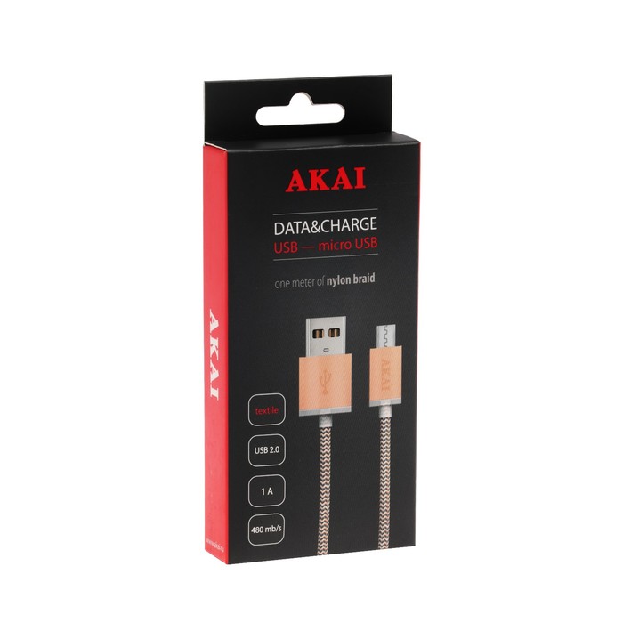 Провод для зарядки и передачи данных Akai, USB 2.0-micro USB, текст. оплетка, желто-черный
