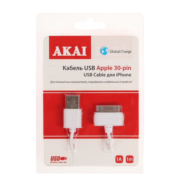 Провод для зарядки и передачи данных Akai, USB 2.0-30 pin, кабель 1 метр, белый