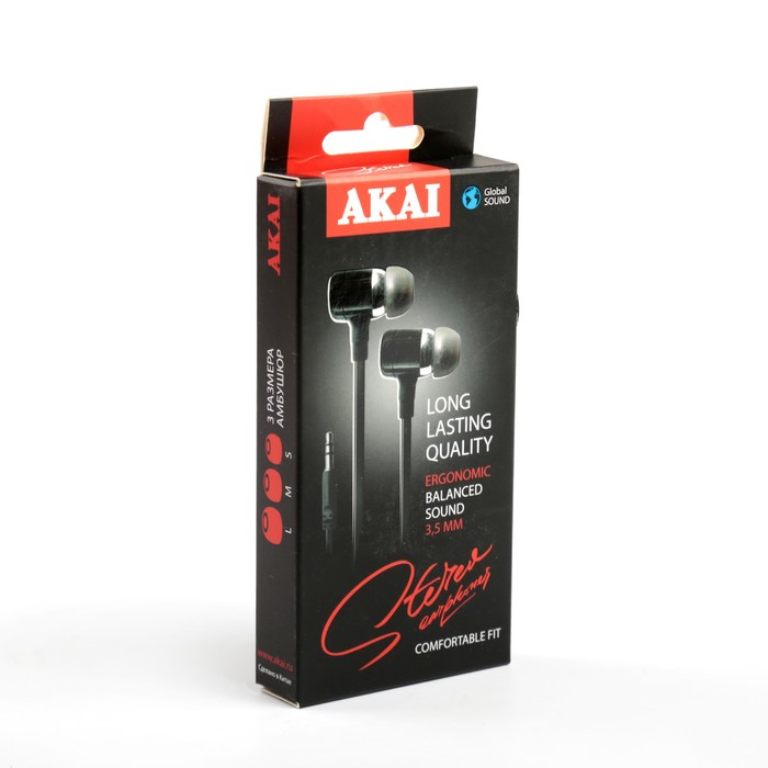 Наушники Akai, частота 20Hz, мощность 5 мВт, кабель 1.2 м, доп. амбушюры, черные
