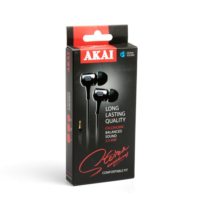 Наушники Akai, частота 20Hz, мощность 5 мВт, кабель 1.2 м, доп. амбушюры, черные