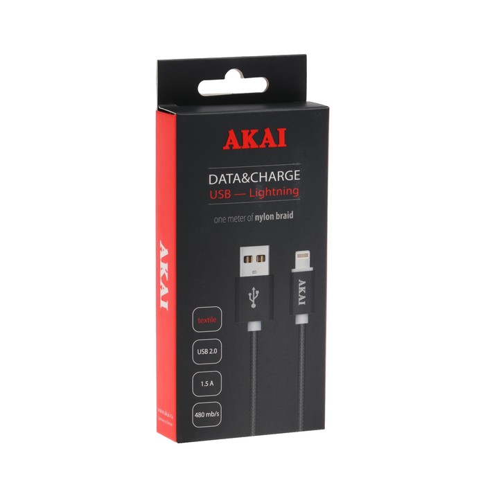 Провод для зарядки и передачи данных Akai, USB 2.0-iPhone 5/6/7, плоский, 1 м, черный