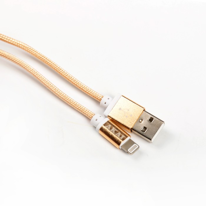 Провод для зарядки и передачи данных Akai, USB 2.0-iPhone 5/6/7, плоский, 1 м, цвет золото