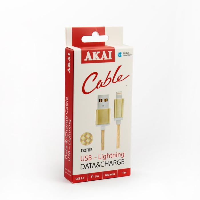 Провод для зарядки и передачи данных Akai, USB 2.0-iPhone 5/6/7, плоский, 1 м, цвет золото