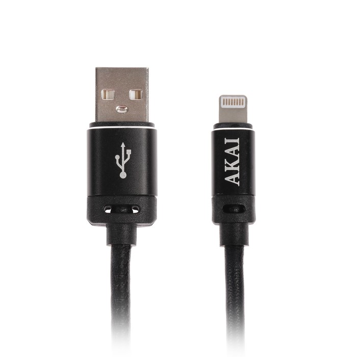 Провод для зарядки и передачи данных Akai, USB 2.0-iPhone 5/6/7, экокожа,1 м, черный