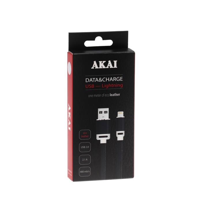 Провод для зарядки и передачи данных Akai, USB 2.0-iPhone 5/6/7, экокожа,1 м, черный