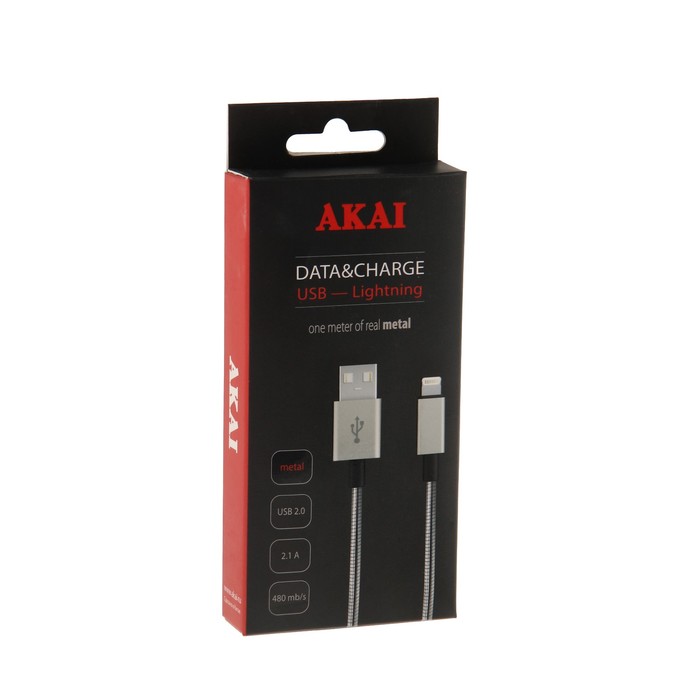 Провод для зарядки и передачи данных Akai, USB 2.0-iPhone 5/6/7, металл, 1 м, серый