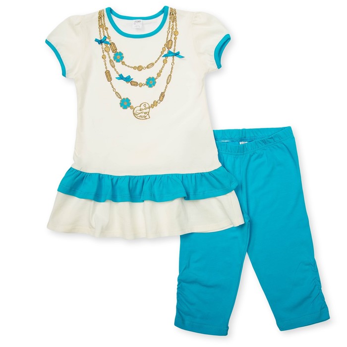 Комплект для девочки туника+брижди, рост 92 см, цвет молочный/бирюзовый П-02/2-5_М