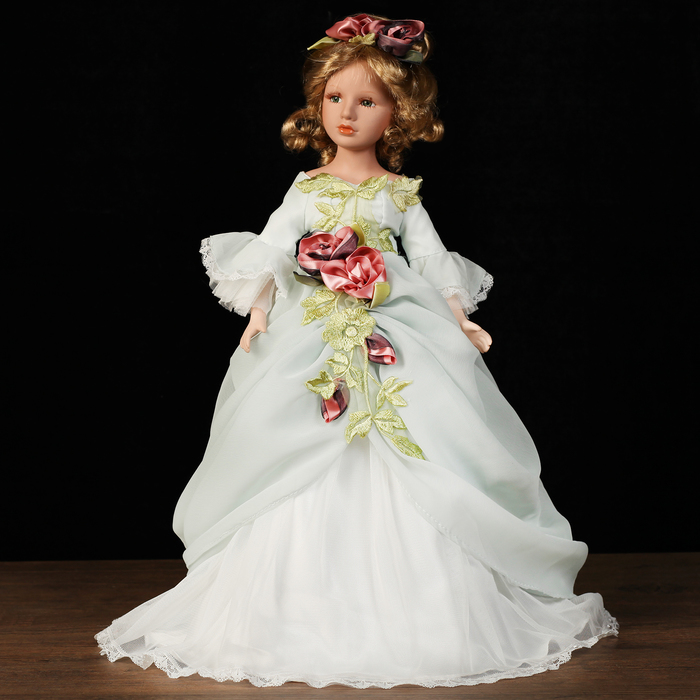 Кукла-светильник коллекционная керамика "Леди Катарина в нежно-зелёном платье" Е14 50 см