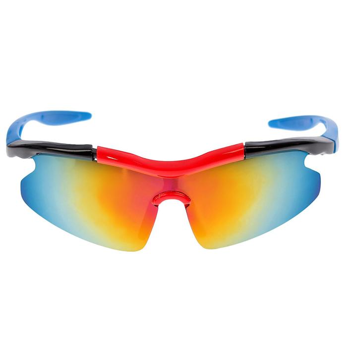 фото Очки спортивные, линзы под углом, зеркальные, оправа чёрно-красная, дужки синие, 14х5.5 см