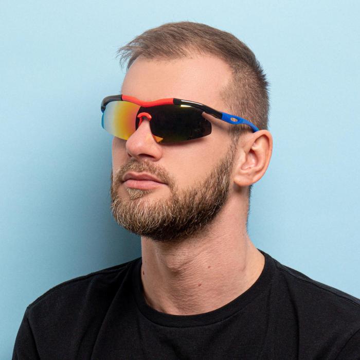 фото Очки спортивные, линзы под углом, зеркальные, оправа чёрно-красная, дужки синие, 14х5.5 см