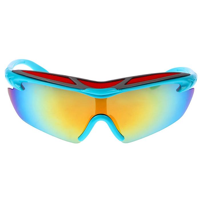 Очки спортивные, линзы зеркальные, красно-серая вставка сверху, дужки голубые, 14х5.5 см