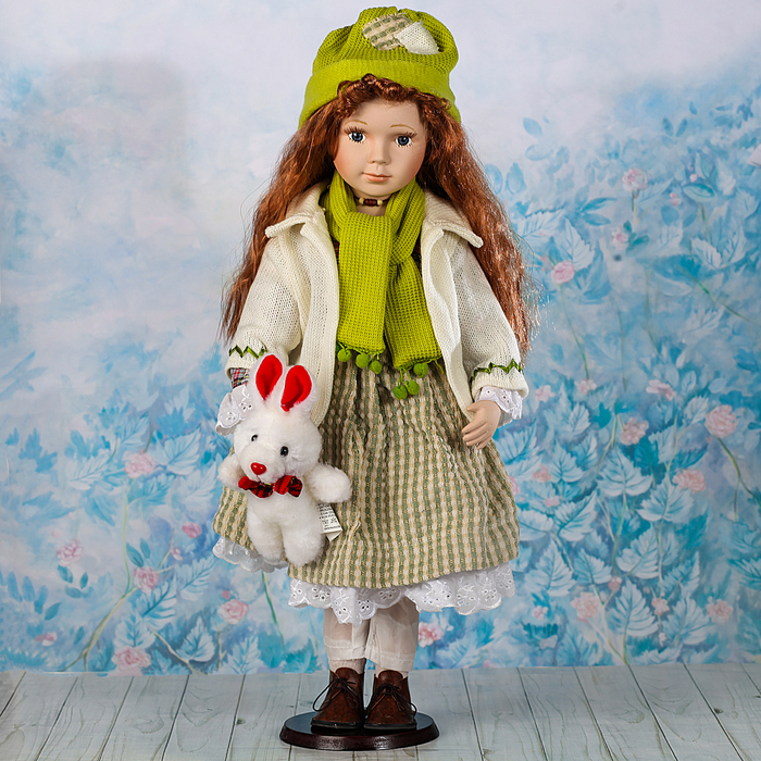 Кукла коллекционная керамика "Станислава с зайчиком" 60 см