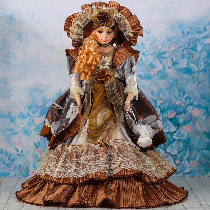 Кукла коллекционная керамика "Барышня в золотистом" 60 см