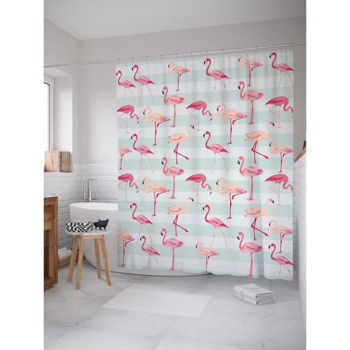 Фотоштора для ванной "Розовые фламинго", ш 180 х 200 см, разноцветный