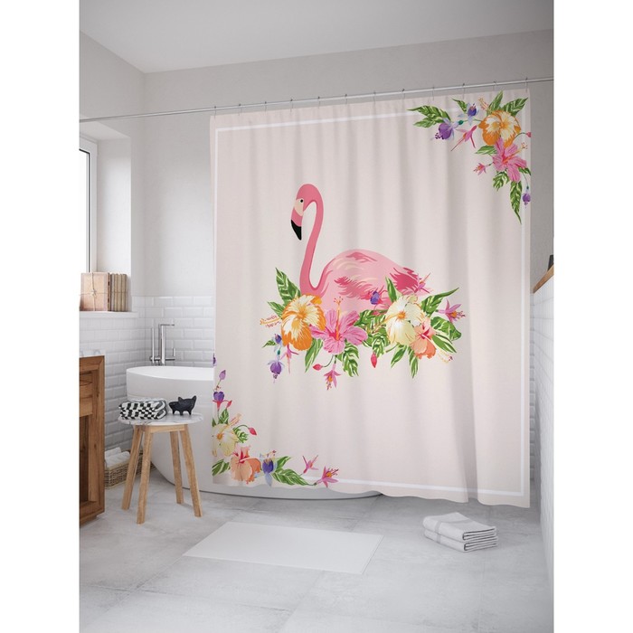 Фотоштора для ванной "Фламинго в цветах", ш 180 х 200 см, разноцветный