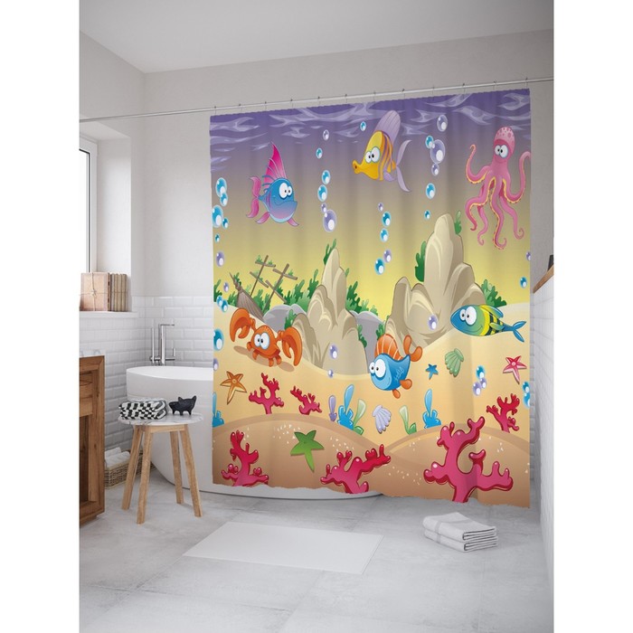Фотоштора для ванной "Подводный мир", ш 180 х в 200 см, разноцветный
