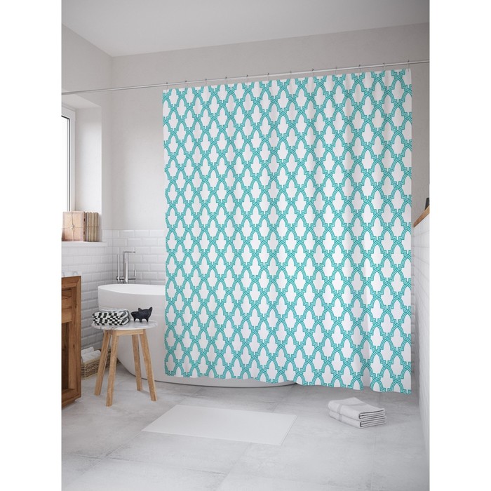 Фотоштора для ванной "Голубые узоры", ш 180 х 200 см, разноцветный