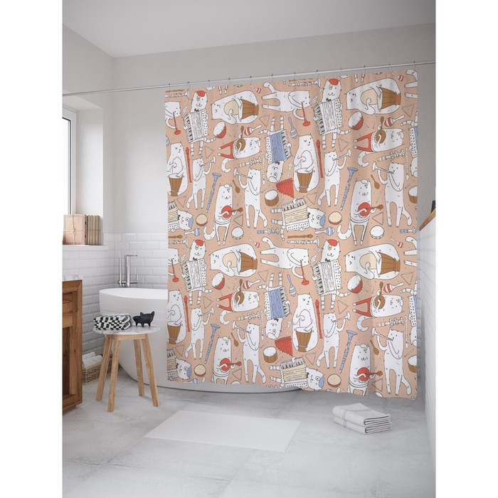 Фотоштора для ванной "Коты музыканты", ш 180 х в 200 см, разноцветный