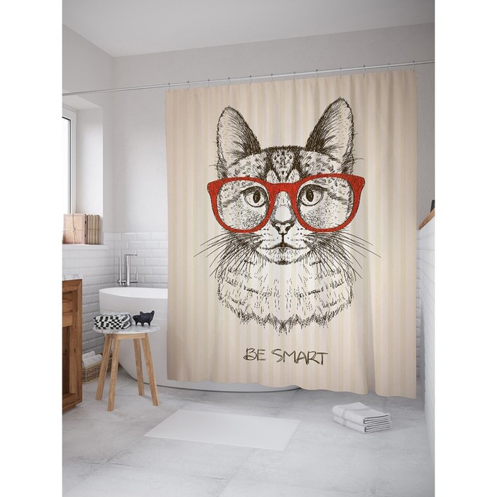 Фотоштора для ванной "Умный кот", ш 180 х в 200 см, разноцветный
