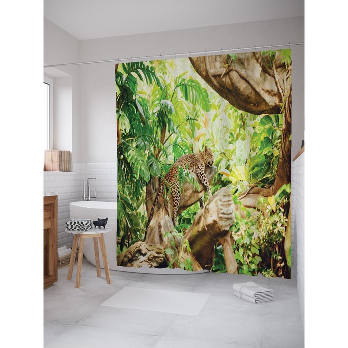 Фотоштора для ванной "Спящий леопард", ш 180 х в 200 см, разноцветный