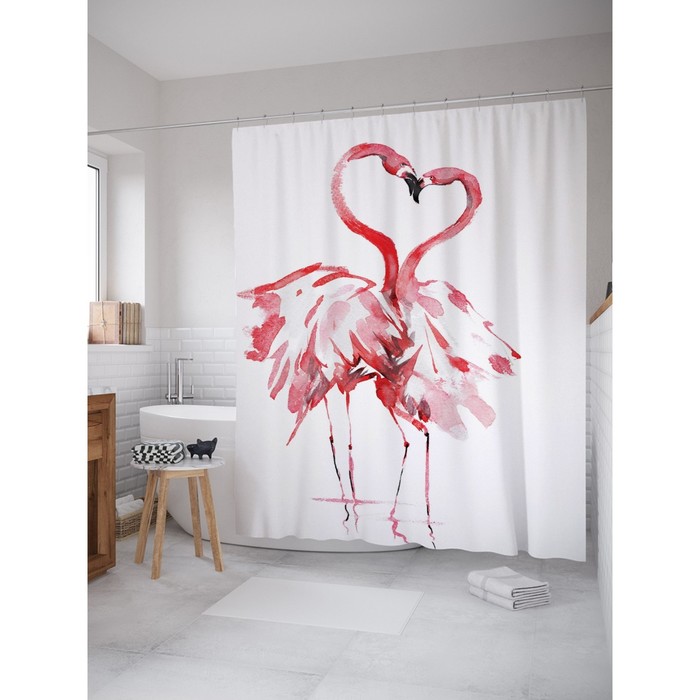 Фотоштора для ванной "Влюбленные фламинго", ш 180 х в 200 см, разноцветный
