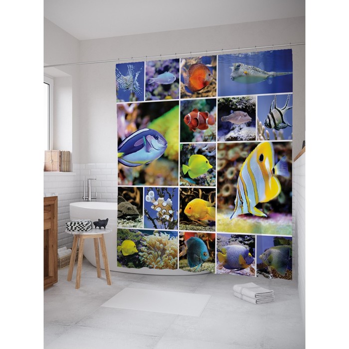 Фотоштора для ванной "Обитатели моря", ш 180 х в 200 см, разноцветный
