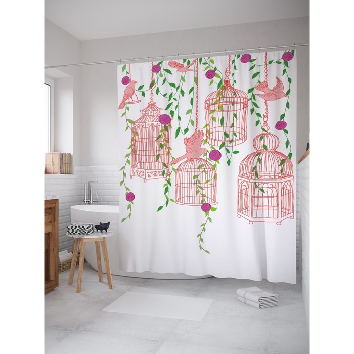 Фотоштора для ванной "Птицы и клетки", ш 180 х в 200 см, разноцветный