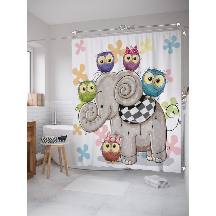 

Фотоштора для ванной «Слоненок и совы», размер 180 х 200 см, разноцветный