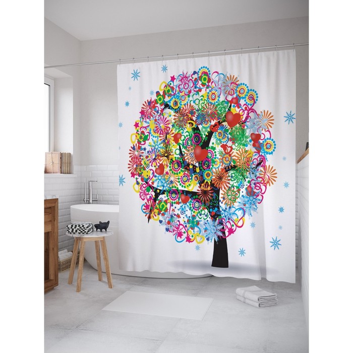 Фотоштора для ванной "Дерево радости", ш 180 х в 200 см, разноцветный