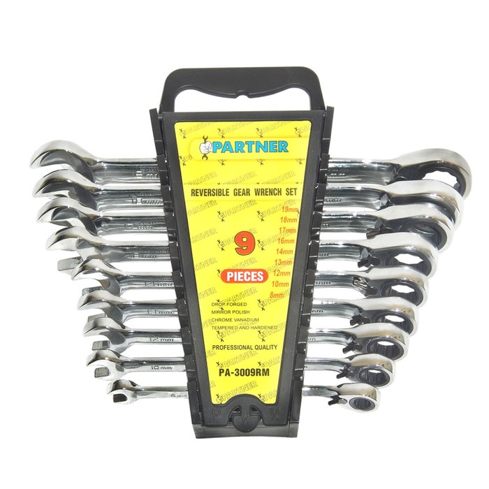 Набор ключей комбинированных Partner PA-3009RM, трещоточных с реверсом, 8-19 мм, 9 пр.