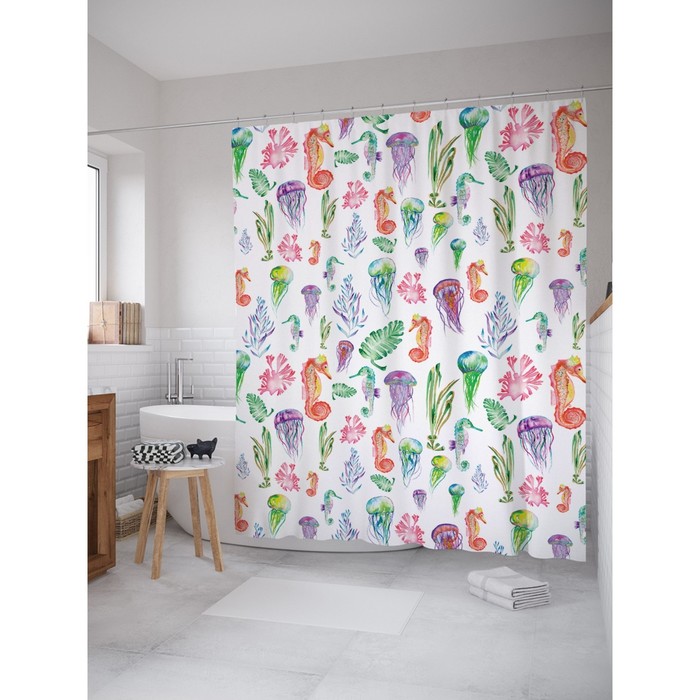 Фотоштора для ванной "Обитатели морей", ш 180 х в 200 см, разноцветный