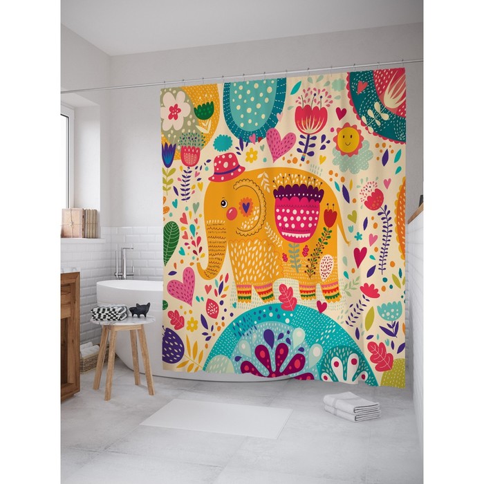Фотоштора для ванной "Веселый слон", ш 180 х в 200 см, разноцветный