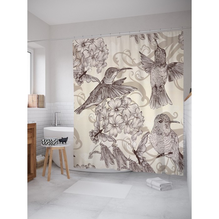 Фотоштора для ванной "Полет колибри", ш 180 х в 200 см, разноцветный