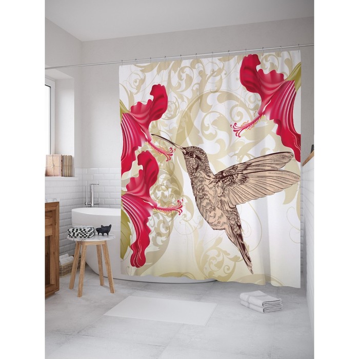 Фотоштора для ванной "Колибри и цветок", ш 180 х в 200 см, разноцветный