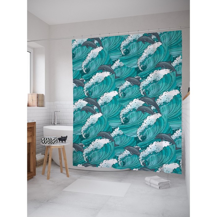 Фотоштора для ванной "Дельфины в волнах", ш 180 х в 200 см, разноцветный