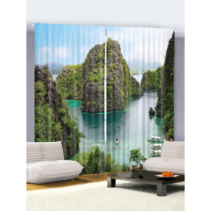 Комплект фотоштор "Бухта и скалы", 145 х 265 см - 2 шт, разноцветный