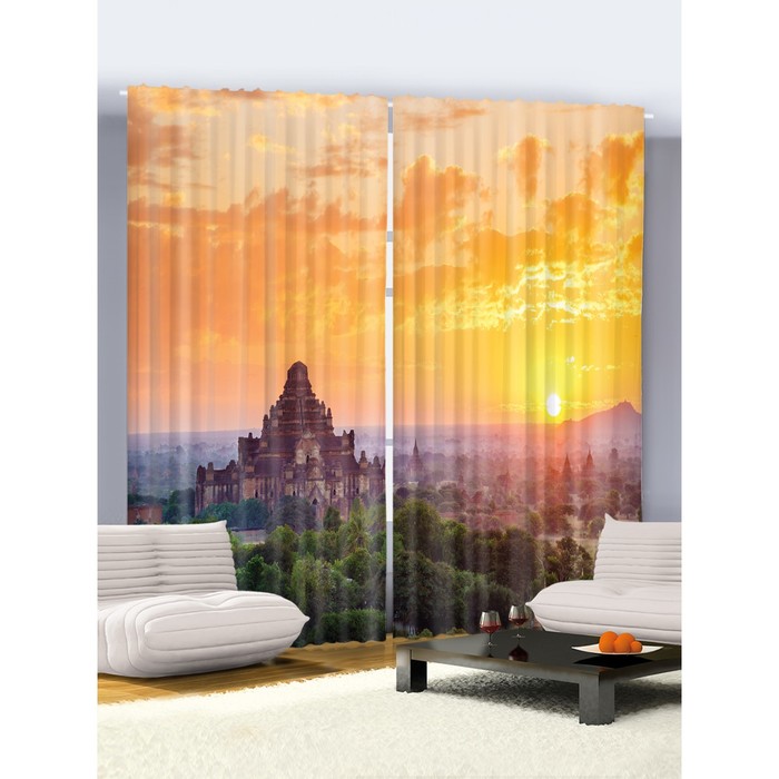 Комплект фотоштор "Храм на закате", 145 х 265 см - 2 шт, разноцветный