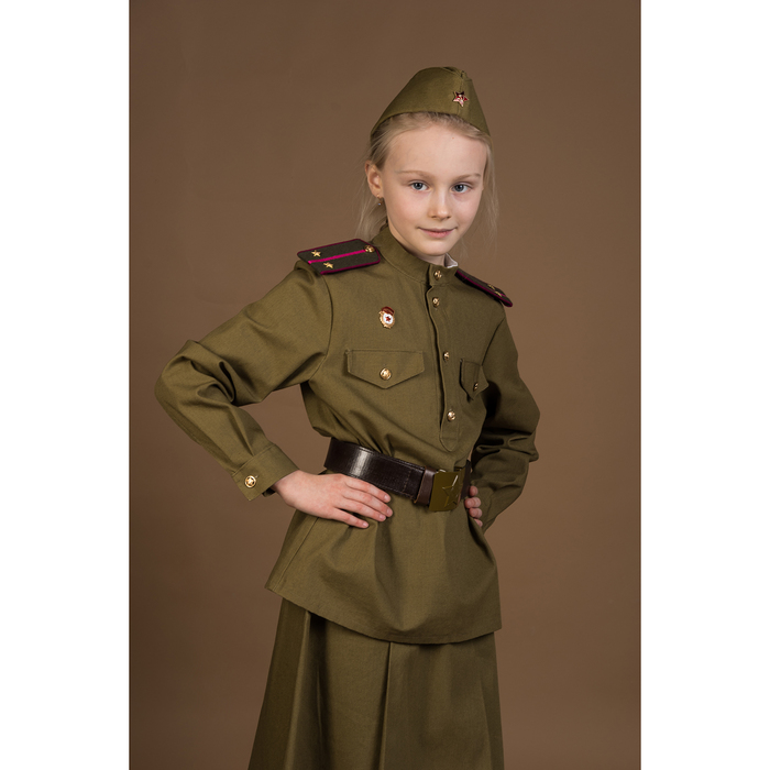 Костюм пехотинца для девочки, гимнастерка, юбочка, ремень, пилотка, рост 86 см